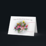 Cartão Birthday, Pastor's Wife, Flowers in a Basket<br><div class="desc">This colorful bouquet of flowers with swirling pink ribbons is the cover for this birthday card for a pastor or minister's wife.    Customize the card by changing the inside verse to suit your needs.</div>