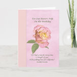 Cartão Birthday, Pastor's Wife, Peace Rose<br><div class="desc">This birthday greeting for a pastor's wife is a soft and dreamy floral design. A pink and yellow Peace Rose is shown on a background of muted pink. A wide vertical border in a pinkish yellow hue is on the left side of the image. A quote from an old Swedish...</div>