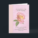 Cartão Birthday, Pastor's Wife, Peace Rose<br><div class="desc">This birthday greeting for a pastor's wife is a soft and dreamy floral design. A pink and yellow Peace Rose is shown on a background of muted pink. A wide vertical border in a pinkish yellow hue is on the left side of the image. A quote from an old Swedish...</div>