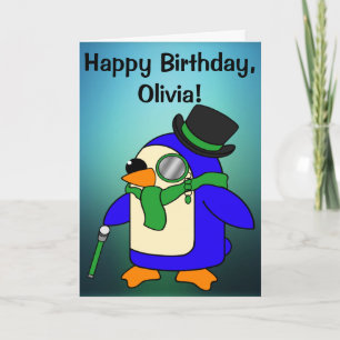 Cartão Birthday Penguin Teal Emerald Green Personalizável