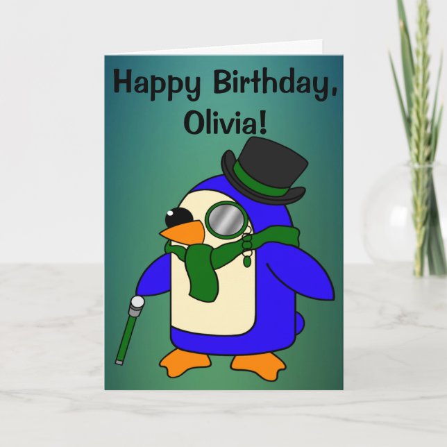 Cartão Birthday Penguin Teal Grassy Emerald Personalizáve (Frente)