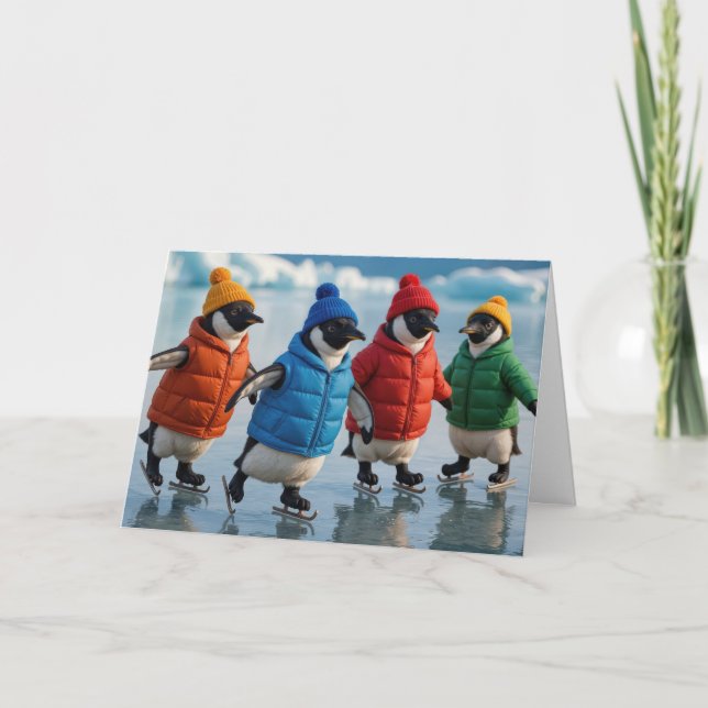 Cartão Birthday Penguins Ice Skating On an Arctic Lake (Frente)