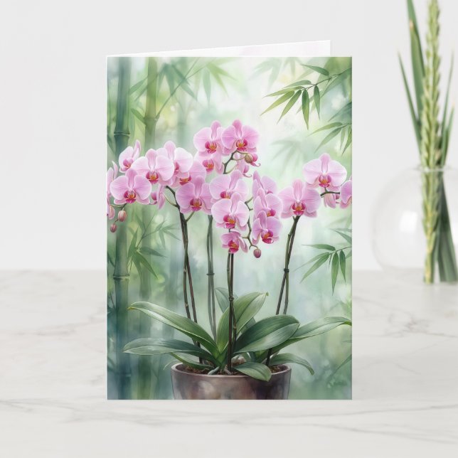 Cartão Birthday Pink Orchids On Green Bamboo (Frente)