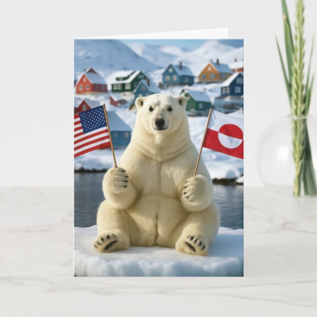 Cartão Birthday Polar Bear Greenland and American Flags (Frente)