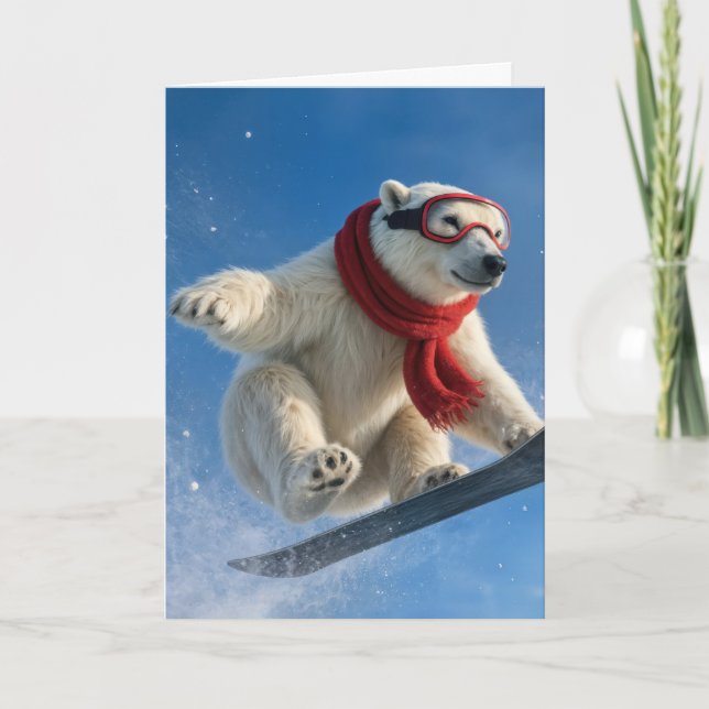 Cartão Birthday Polar Bear Mid-air on a Snowboard (Frente)