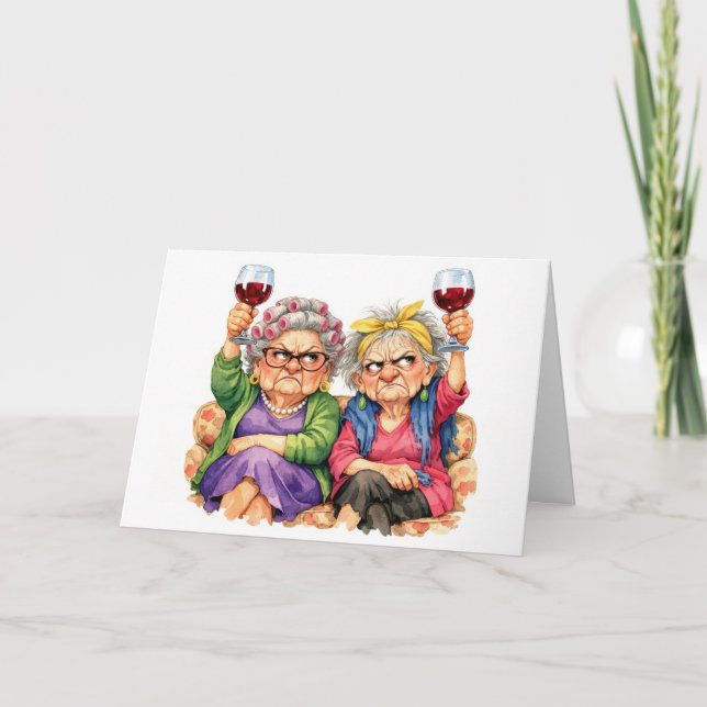 Cartão Birthday Quirky Old Ladies with Red Wine (Frente)