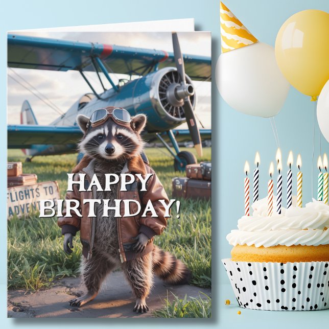 Cartão Birthday Raccoon Pilot & Airplane Photo Engraçado (Criador carregado)