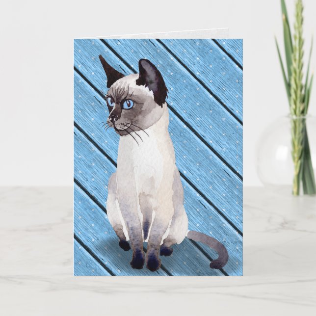 Cartão birthday Siamese kitten on blue wood (Frente)