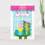 Cartão Birthday, Sister-in-Love, Window, Cupcake and Cups<br><div class="desc">Charming greeting belonging to my Kaleidoscope Collection of vivid colors.  See same image in other categories including birthdays</div>
