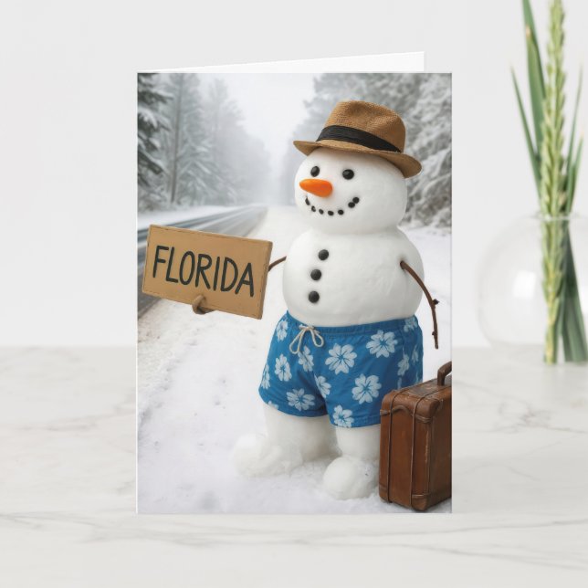 Cartão Birthday Snowman Hitchhiking to Florida (Frente)