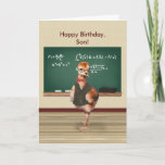 Cartão Birthday, Son, Funny Baby Bird, Customizable<br><div class="desc">A baby sandhill crane bird is dressed as a physics teacher. In this humorous image on a birthday card for a son the bird wears glasses, a bow tie, and a brown vest completed with a gold watch chain giving the appearance of a very serious teacher or student. He stands...</div>