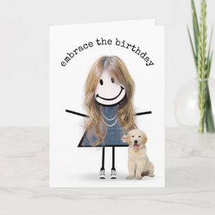 Cartão Birthday Stick Figure Girl com Ouro Retriever
