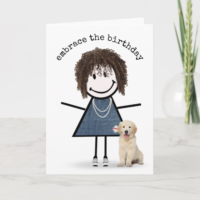 Cartão Birthday Stick Figure Girl com Ouro Retriever (Frente)