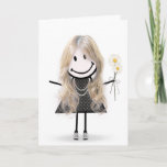 Cartão Birthday Stick Figure Girl for Friend<br><div class="desc">Bonita bonitinha com cabelo,  tênis,  vestido de bolinhas,  colar de pérolas e buquê de margarida em branco.</div>