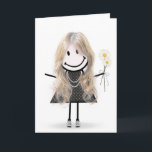 Cartão Birthday Stick Figure Girl for Friend<br><div class="desc">Bonita bonitinha com cabelo,  tênis,  vestido de bolinhas,  colar de pérolas e buquê de margarida em branco.</div>