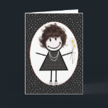 Cartão Birthday Stick Figure Girl for Friend<br><div class="desc">Bonita figura de palito com cabelo,  tênis,  vestido de bolinhas,  colar de pérolas e buquê de margarida sobre fundo de bolinhas preto e branco.</div>