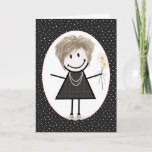 Cartão Birthday Stick Figure Girl for Friend<br><div class="desc">Bonita figura de palito com cabelo,  tênis,  vestido de bolinhas,  colar de pérolas e buquê de margarida sobre fundo de bolinhas preto e branco.</div>