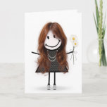 Cartão Birthday Stick Figure Girl for Friend<br><div class="desc">Bonita bonitinha com cabelo,  tênis,  vestido de bolinhas,  colar de pérolas e buquê de margarida em branco.</div>