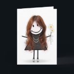 Cartão Birthday Stick Figure Girl for Friend<br><div class="desc">Bonita bonitinha com cabelo,  tênis,  vestido de bolinhas,  colar de pérolas e buquê de margarida em branco.</div>