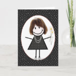 Cartão Birthday Stick Figure Girl for Friend<br><div class="desc">Bonita figura de palito com cabelo,  tênis,  vestido de bolinhas,  colar de pérolas e buquê de margarida sobre fundo de bolinhas preto e branco.</div>