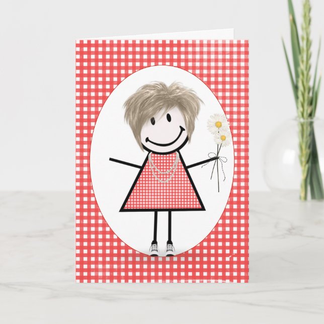 Cartão Birthday Stick Figure Girl On Red Gingham (Frente)