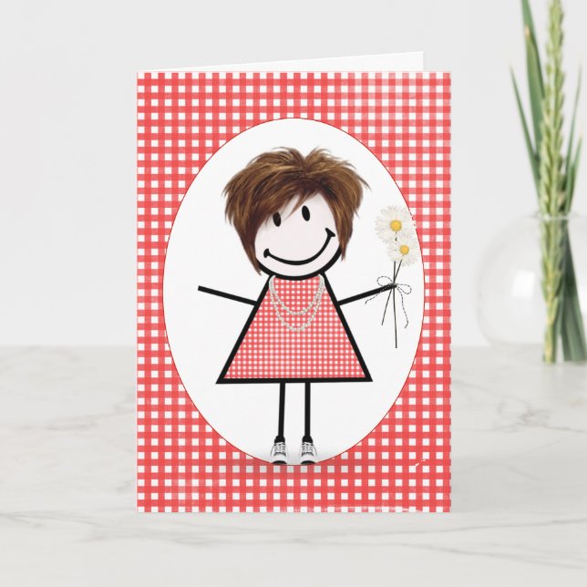 Cartão Birthday Stick Figure Girl On Red Gingham (Frente)