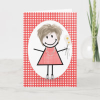 Birthday Stick Figure Girl On Red Gingham