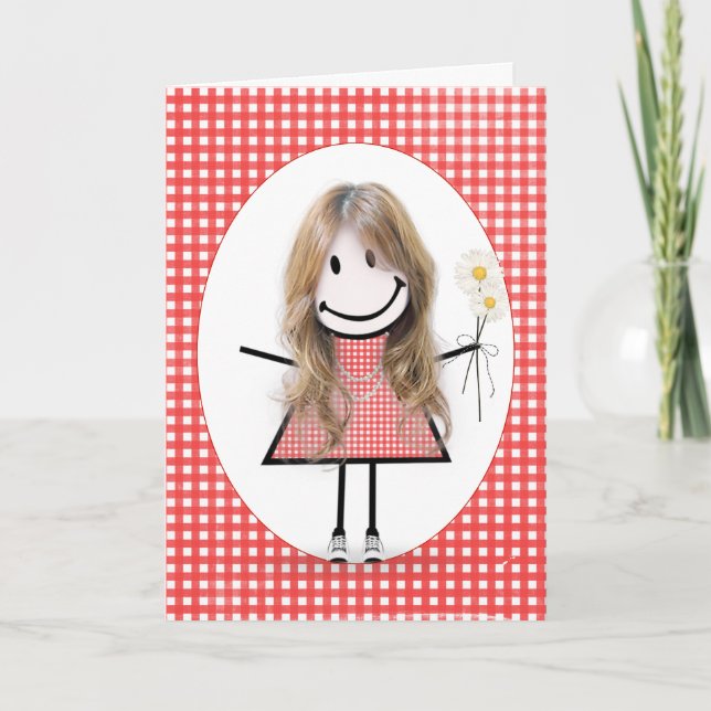 Cartão Birthday Stick Figure Girl On Red Gingham (Frente)