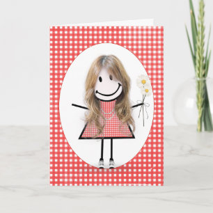Cartão Birthday Stick Figure Girl On Red Gingham