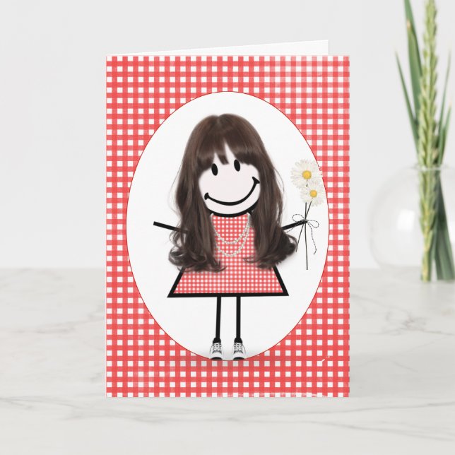 Cartão Birthday Stick Figure Girl On Red Gingham (Frente)
