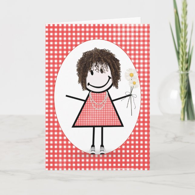 Cartão Birthday Stick Figure Girl On Red Gingham (Frente)