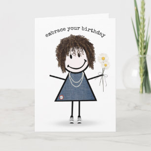 Cartão Birthday Stick Figure Girl with Daisiers