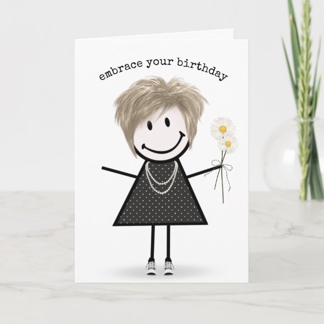 Cartão Birthday Stick Figure Girl with Daisiers (Frente)