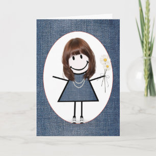 Cartão Birthday Stick Figure Girl with Daisiers