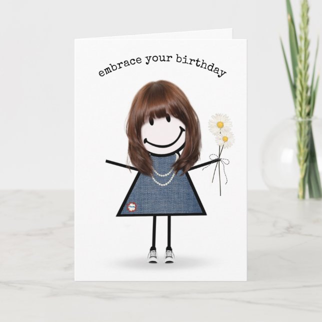Cartão Birthday Stick Figure Girl with Daisiers (Frente)