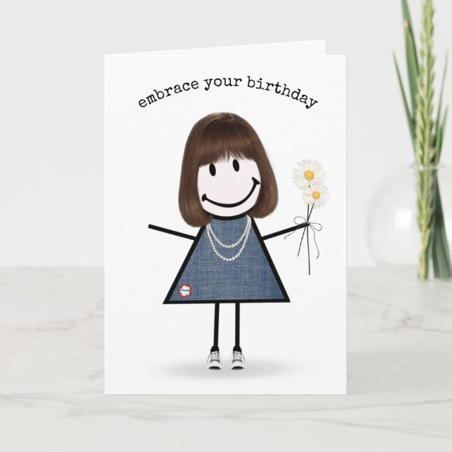 Cartão Birthday Stick Figure Girl with Daisiers (Frente)