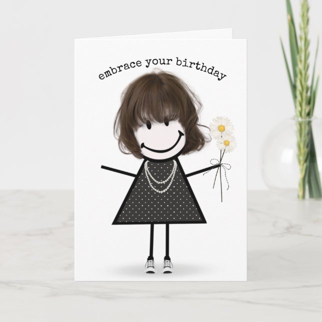 Cartão Birthday Stick Figure Girl with Daisiers (Frente)