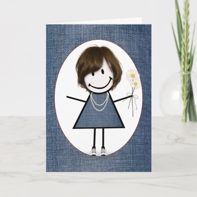 Cartão Birthday Stick Figure Girl with Daisiers (Frente)