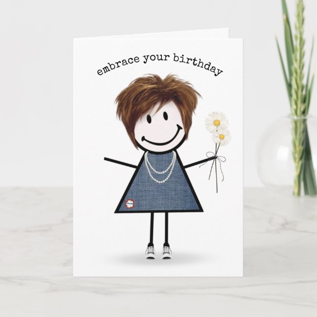 Cartão Birthday Stick Figure Girl with Daisiers (Frente)
