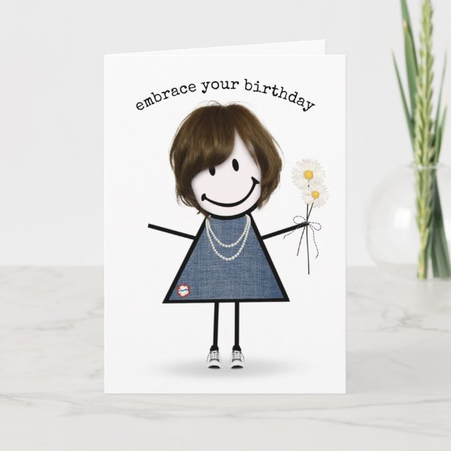 Cartão Birthday Stick Figure Girl with Daisiers (Frente)