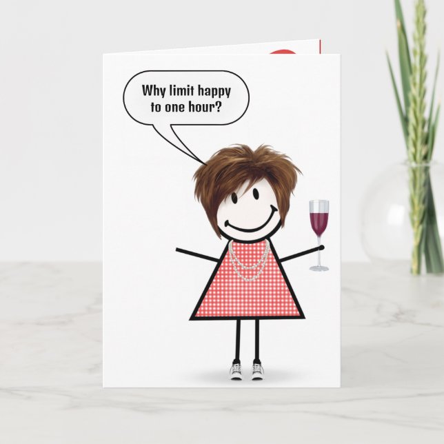 Cartão Birthday Stick Figure Girl With Wine Glass (Frente)