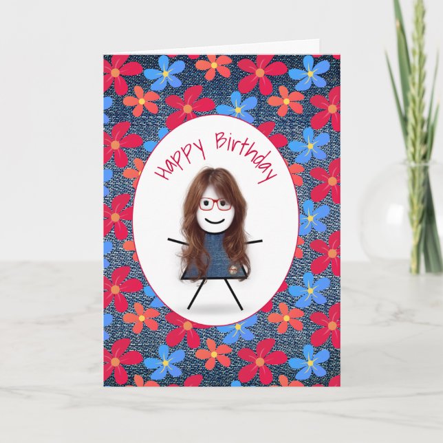 Cartão Birthday Stick Girl and Daisies On Denim (Frente)