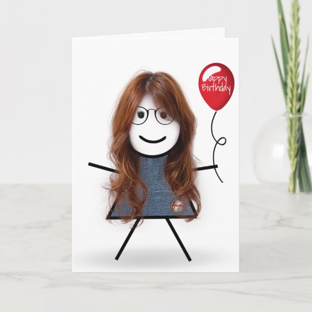 Cartão Birthday Stick Girl com balão vermelho (Frente)