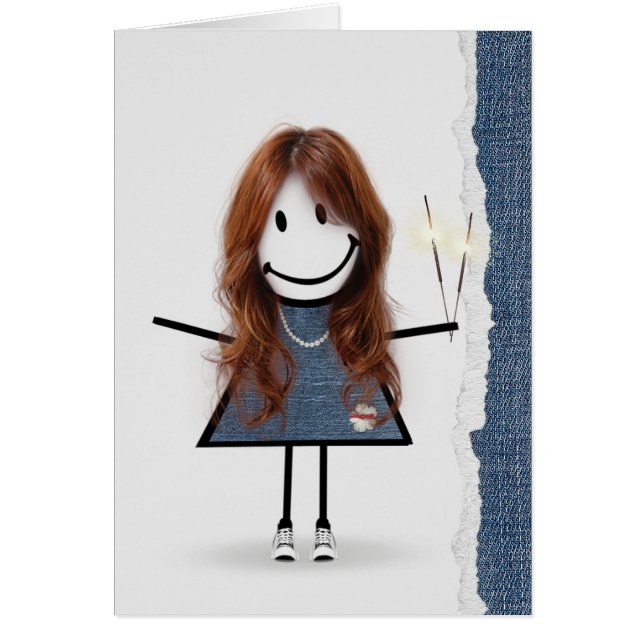 Cartão Birthday Stick Girl com Sparklers (Frente)