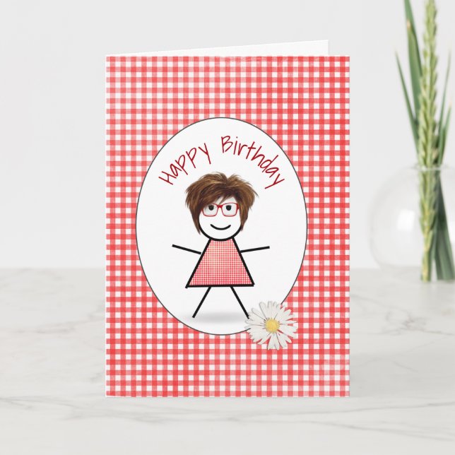 Cartão Birthday Stick Girl em Gingham (Frente)
