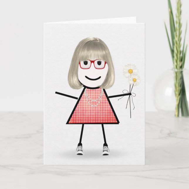 Cartão Birthday Stick Girl With Daisies (Frente)