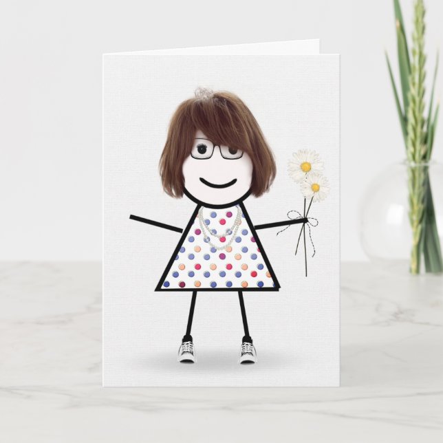 Cartão Birthday Stick Girl With Daisies Card (Frente)
