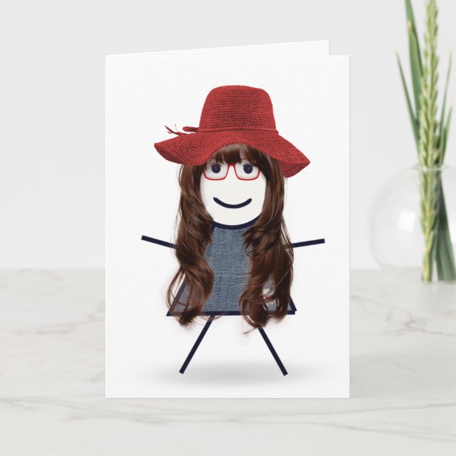 Cartão Birthday Stick Girl with Red Hat (Frente)