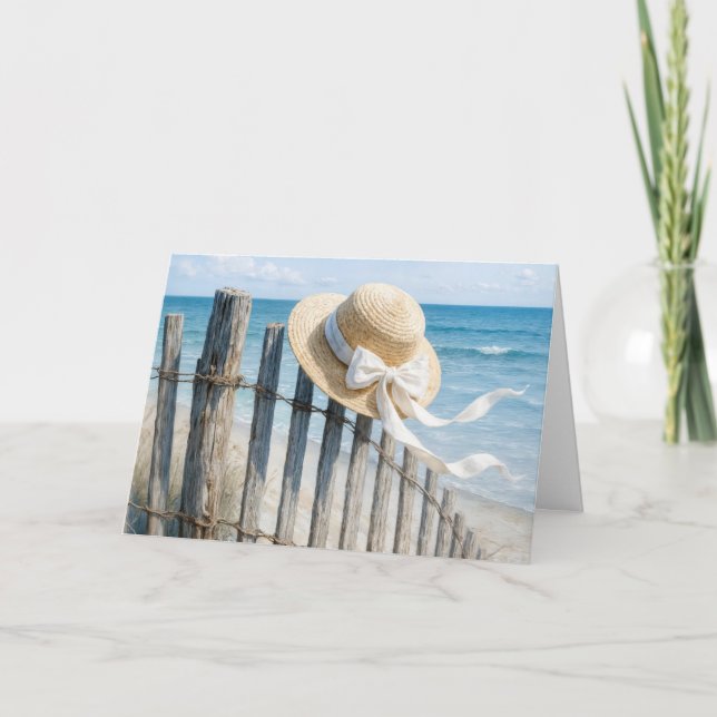 Cartão Birthday Summer Straw Hat On Beach Fence (Frente)