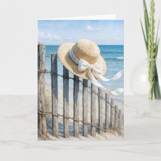 Cartão Birthday Summer Straw Hat On Beach Fence (Frente)